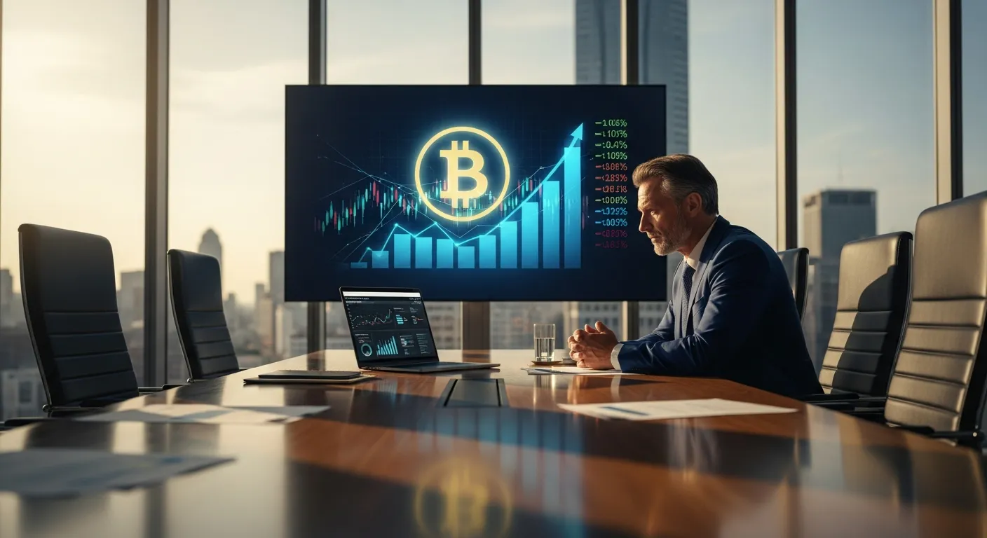 Executive in boardroom with Bitcoin symbol and financial charts on screen behind him.