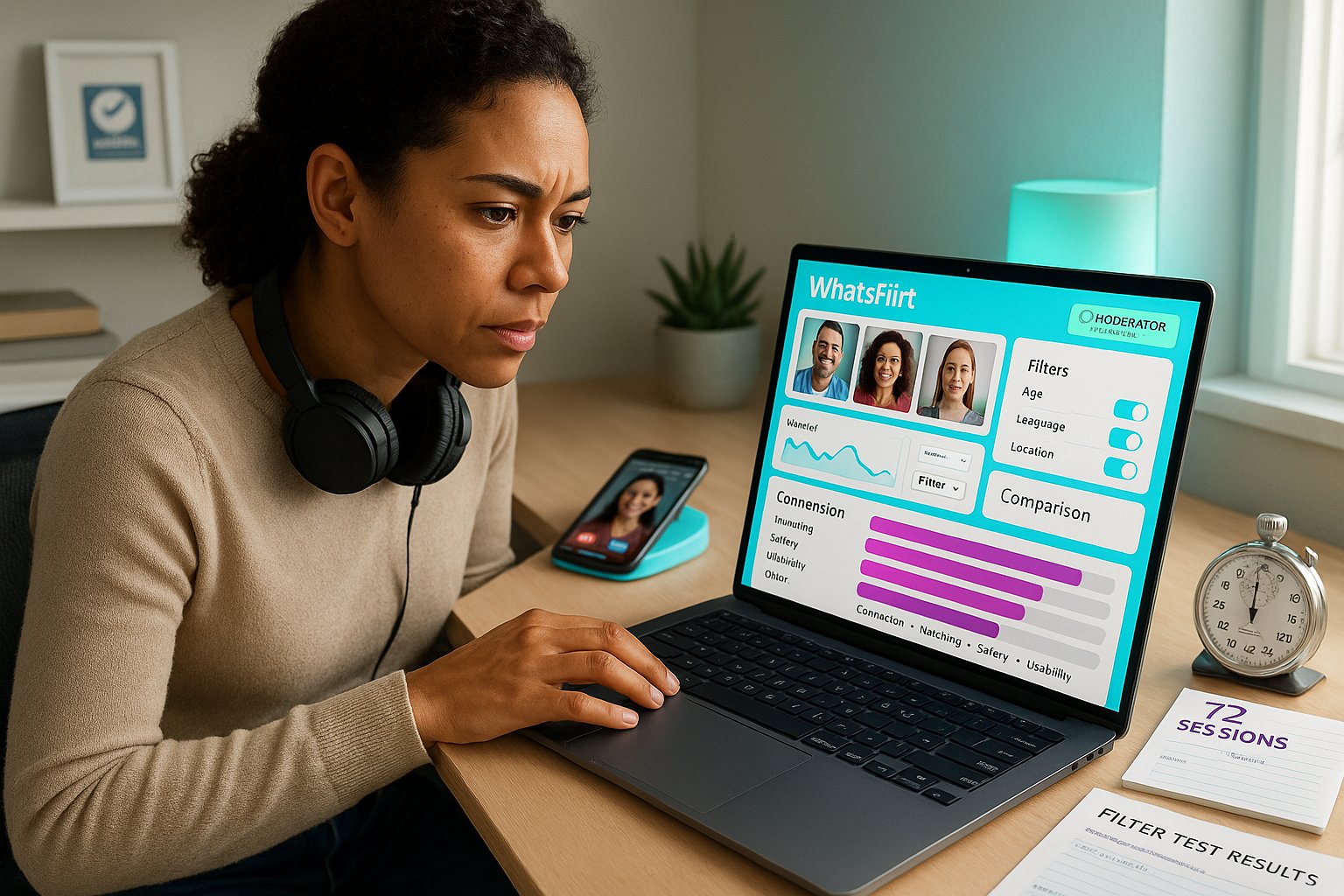 Reviewer analyzing WhatsFlirt dashboard on laptop with test notes and stopwatch.