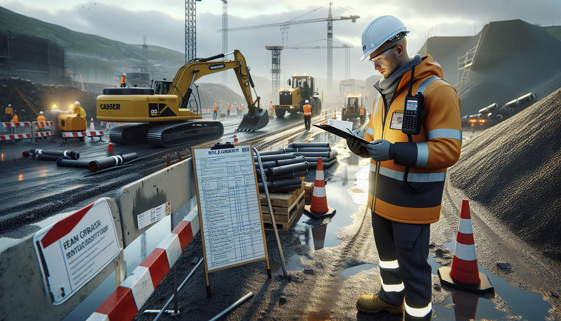 Hms-regler for anleggsmaskinførere: viktig informasjon du må vite 1 Excavator operator in norway reviews hms checklist beside a fenced construction zone.