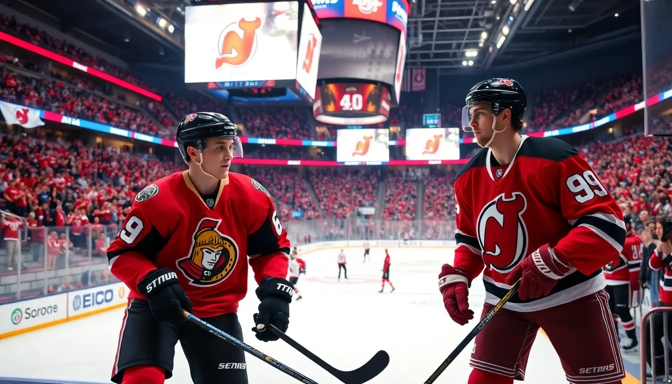 hockey players Alex DeBrincat and Dougie Hamilton in action at a game.