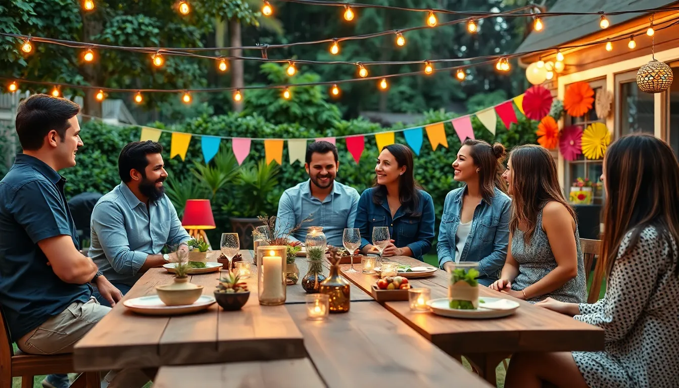 diverse group celebrating a cozy thrifty event in a backyard.