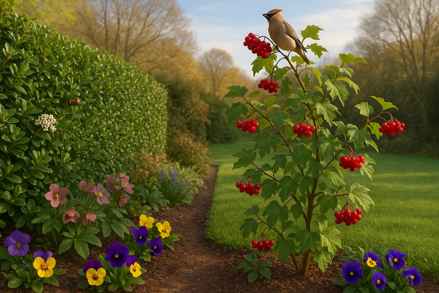 Viburnum tinus clipped hedge and berry-laden Viburnum opulus with a feeding bird.