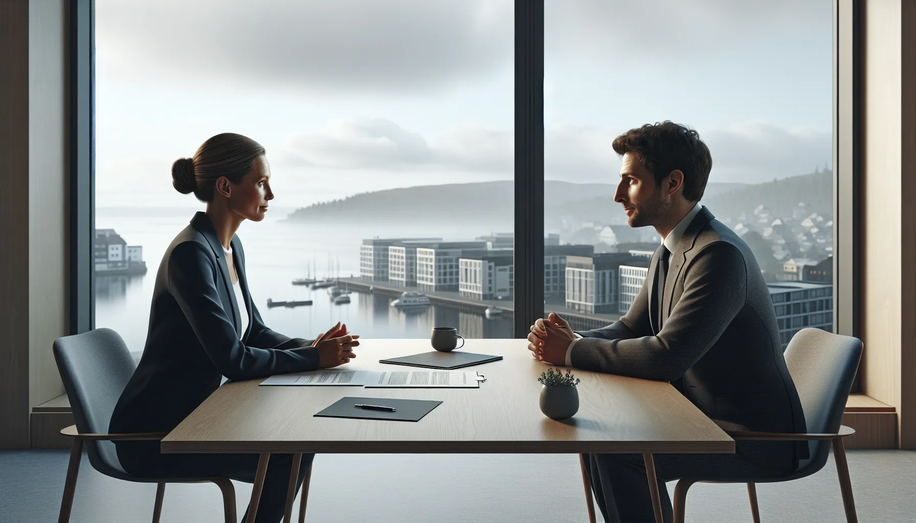 Two norwegian professionals negotiate calmly at a conference table, showing mutual respect.