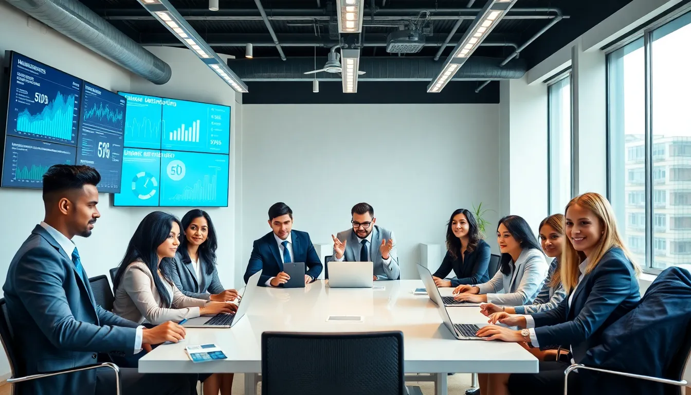 diverse team collaborating in a modern office on online business strategies.