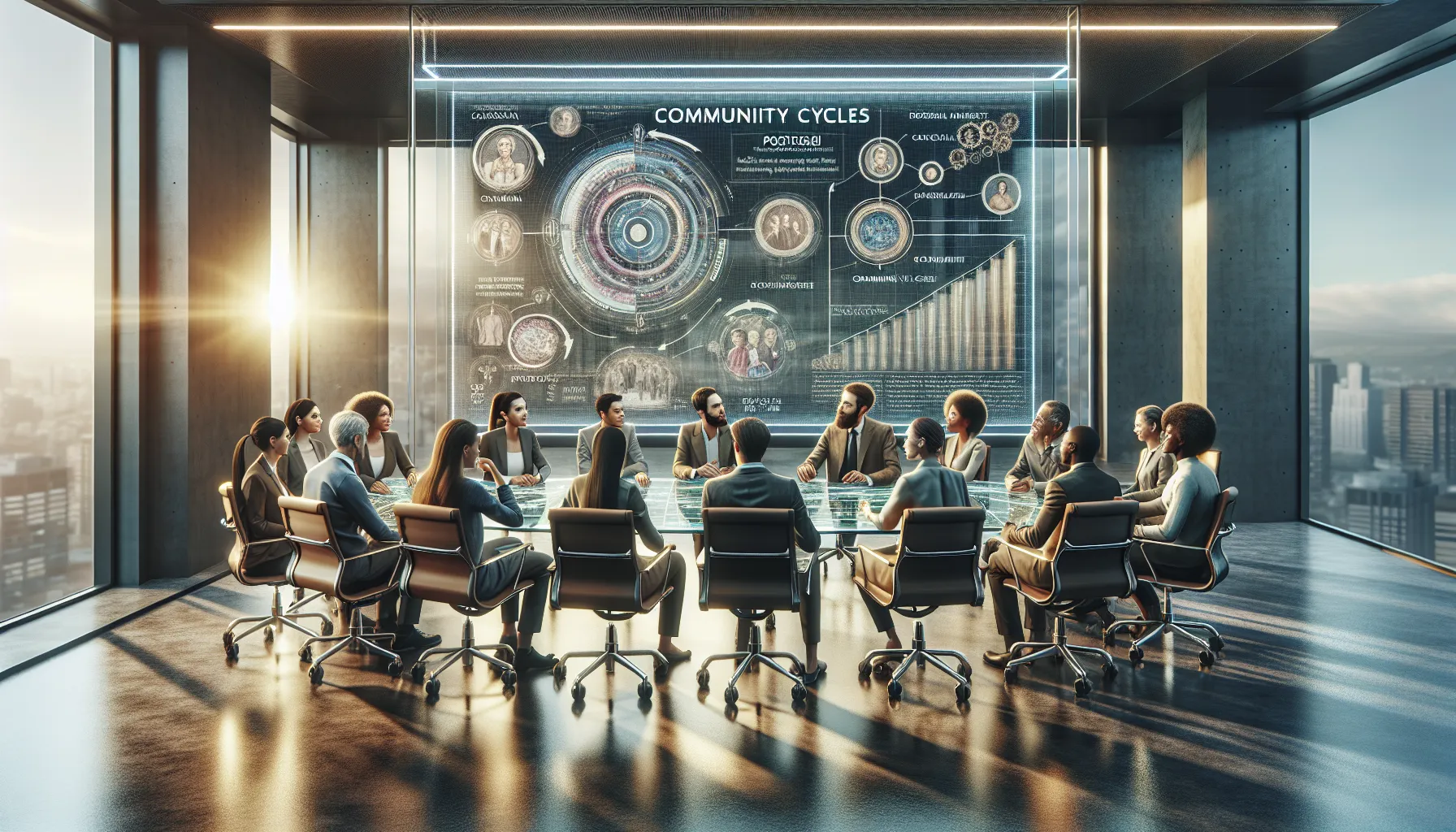 diverse team discussing community dynamics in a modern office