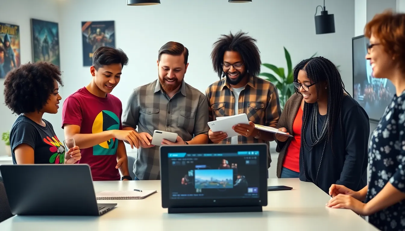 a diverse team discussing gaming content in a modern office.