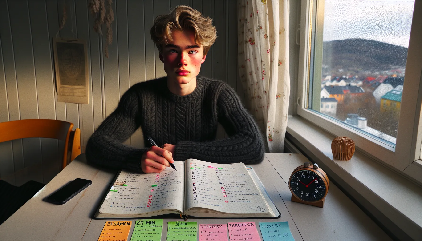 Slik forbereder du deg til en viktig test 3 Norwegian student checking study goals and timer at a tidy daylight desk.