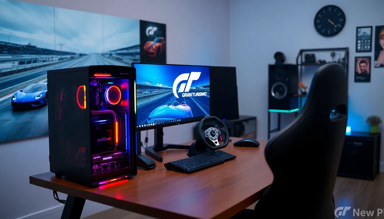 gaming setup showing Gran Turismo on a desktop monitor with racing peripherals.