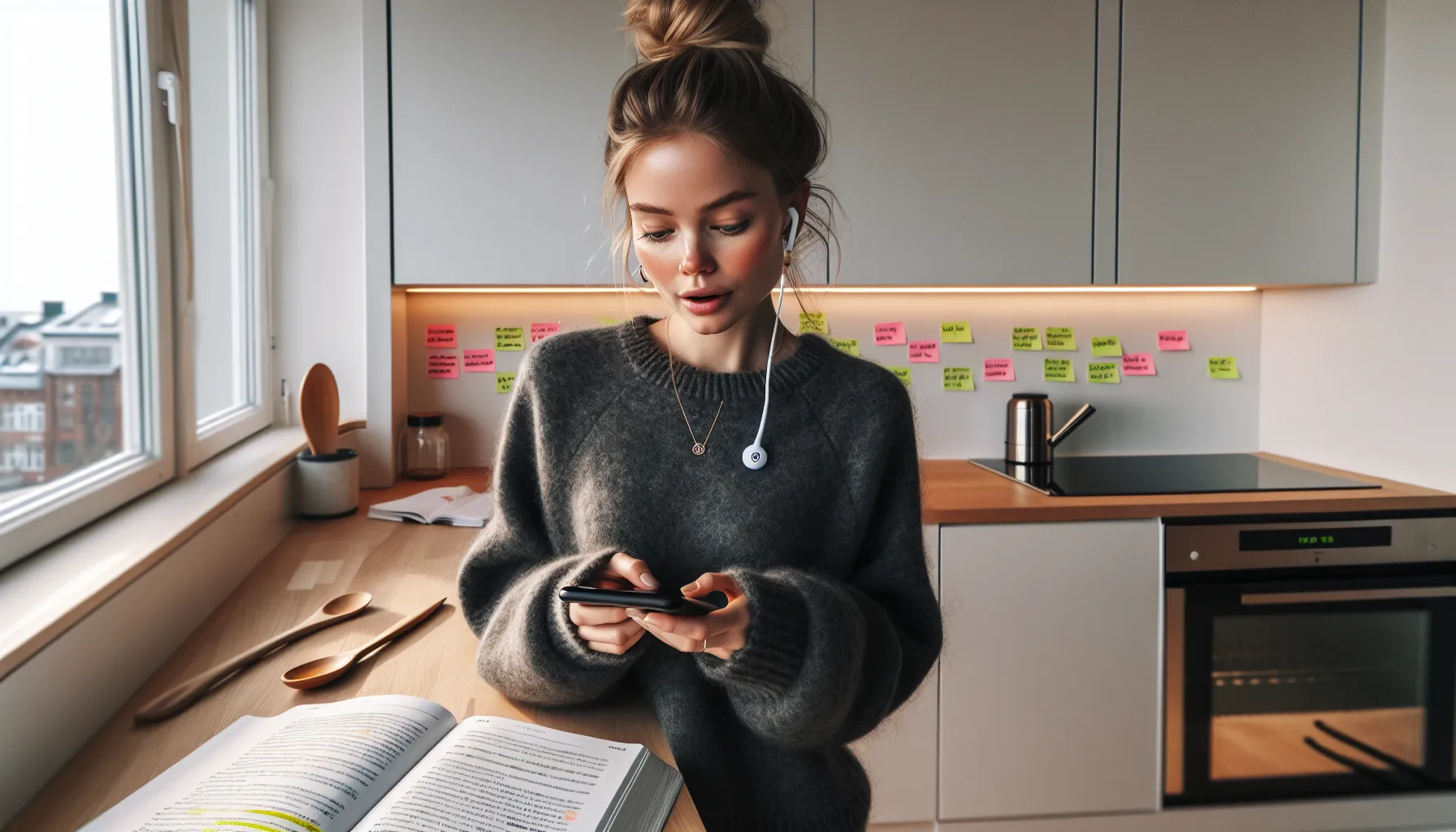 Norwegian woman uses spaced repetition on her phone while cooking and speaking.