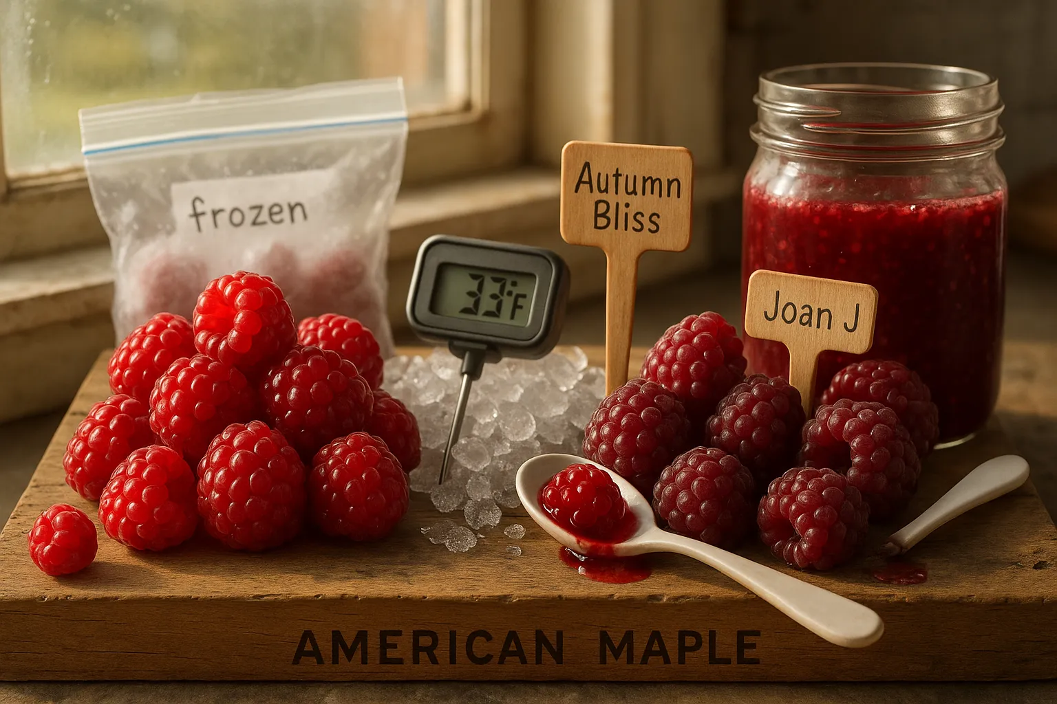 Close-up of Autumn Bliss and Joan J raspberries with jam and thermometer.