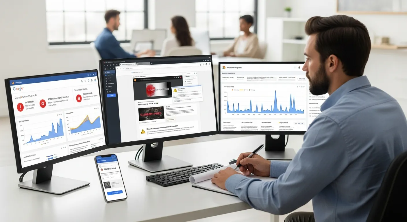 Professional reviewing hacked WordPress site with malware alerts and server spikes on monitors.