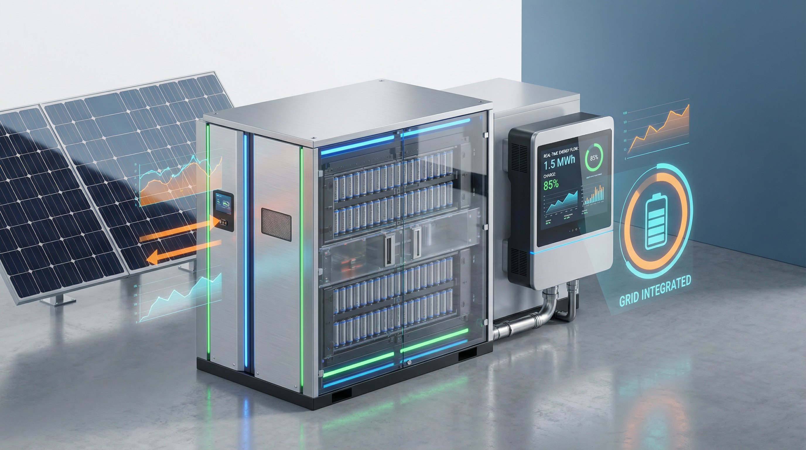 3D render of modular commercial battery storage system with inverter and solar panels in industrial setting.