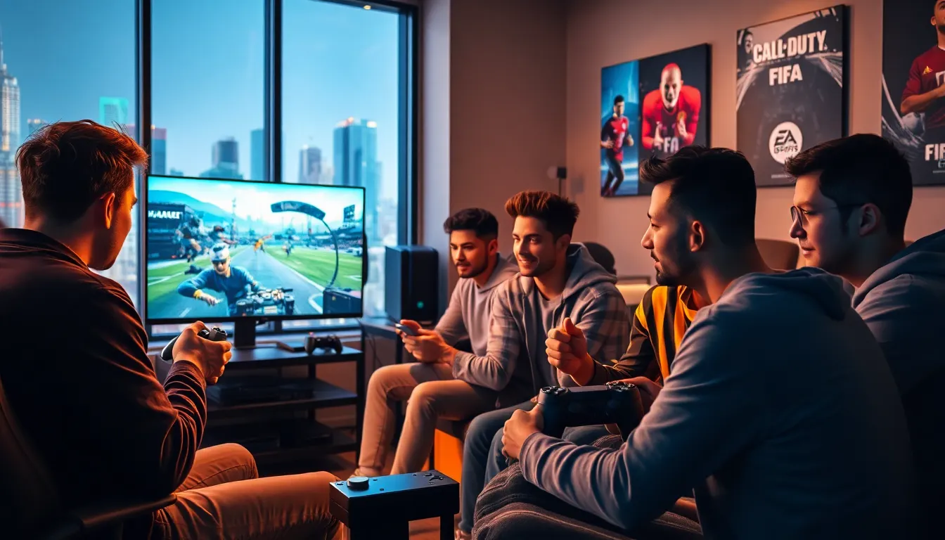 diverse gamers in a modern gaming lounge in the United States.