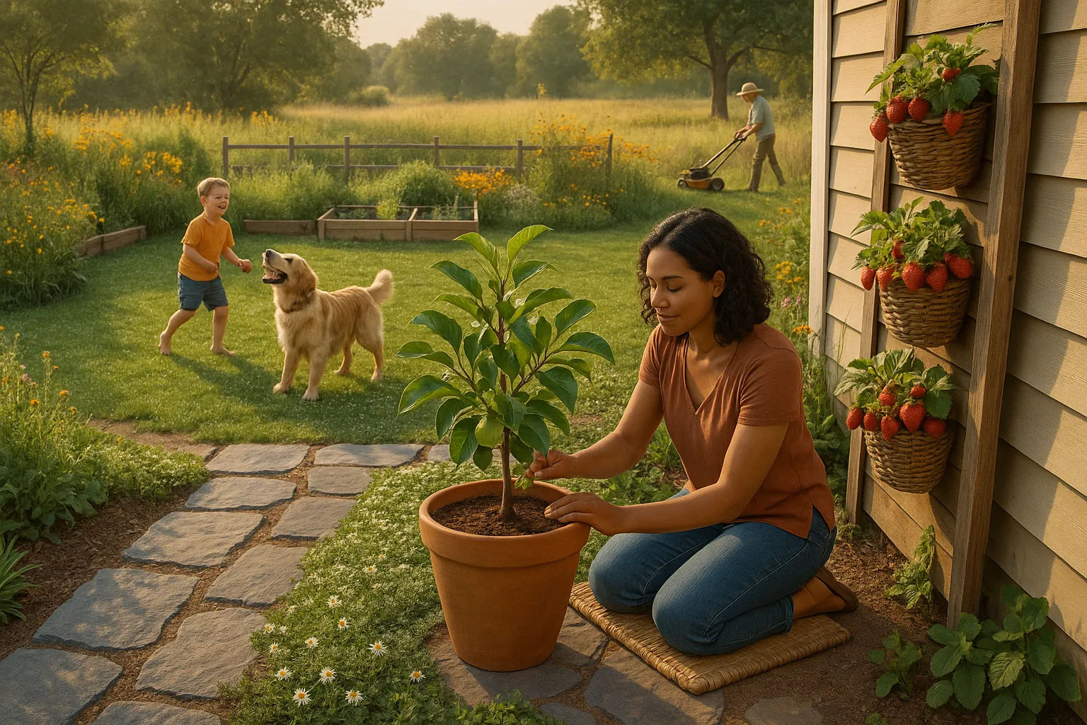 Homeowner tending container dwarf apple tree with clover play area and meadow background.