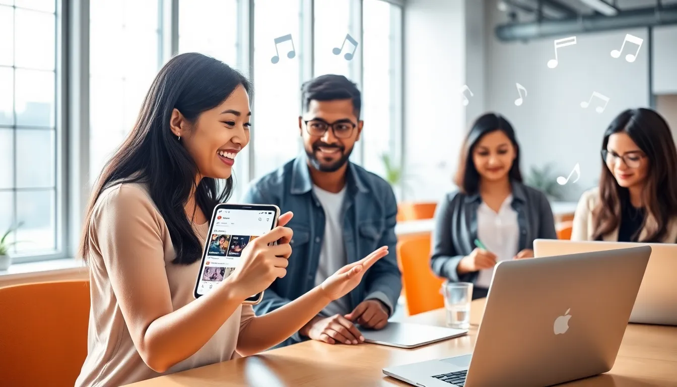 diverse team discussing trending Instagram songs in a modern office