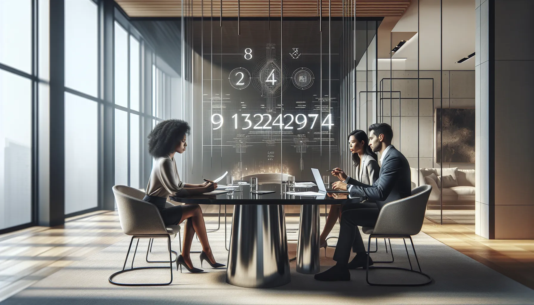 diverse professionals discussing the significance of numbers in a modern office.