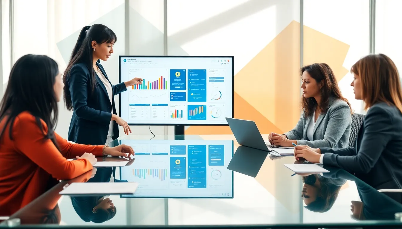 Professionals discussing data management around a glass conference table.