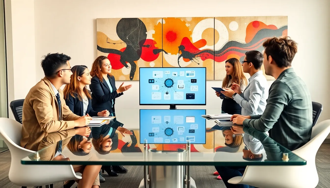 diverse team discussing Akfnbrjy in a modern office.