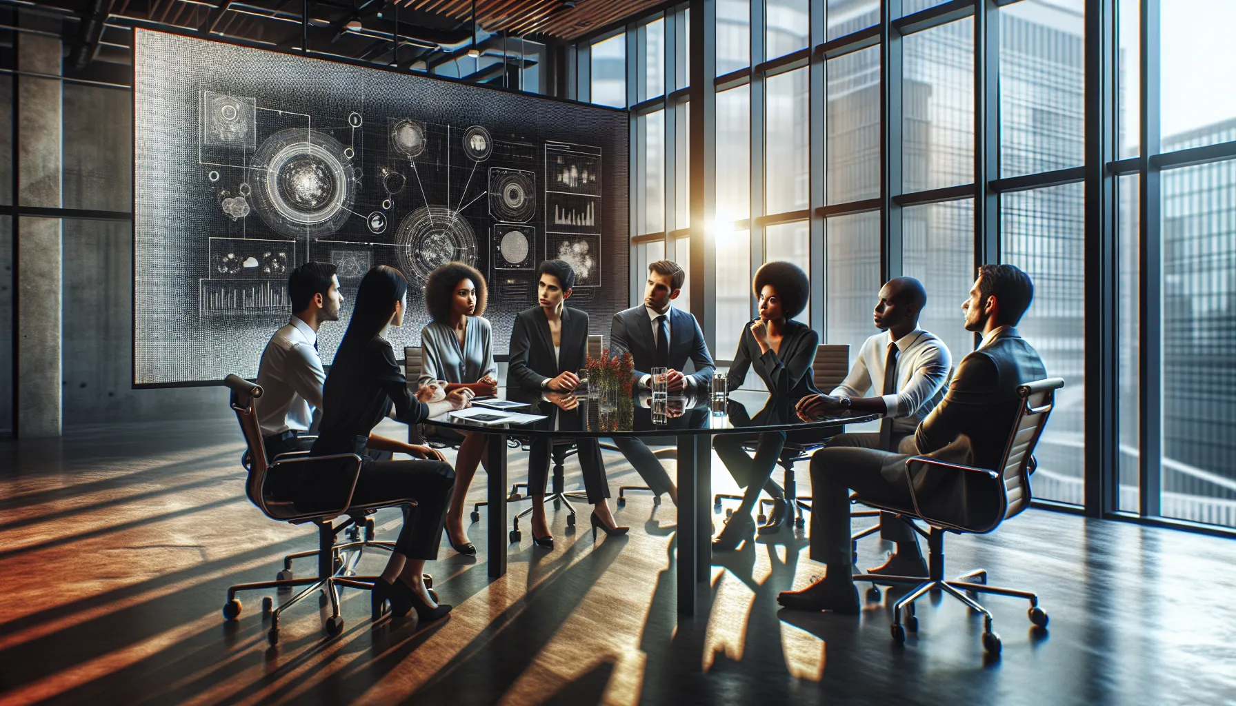 Lina966gh: The Future is Now 8 diverse professionals discussing Lina966gh in a modern office.