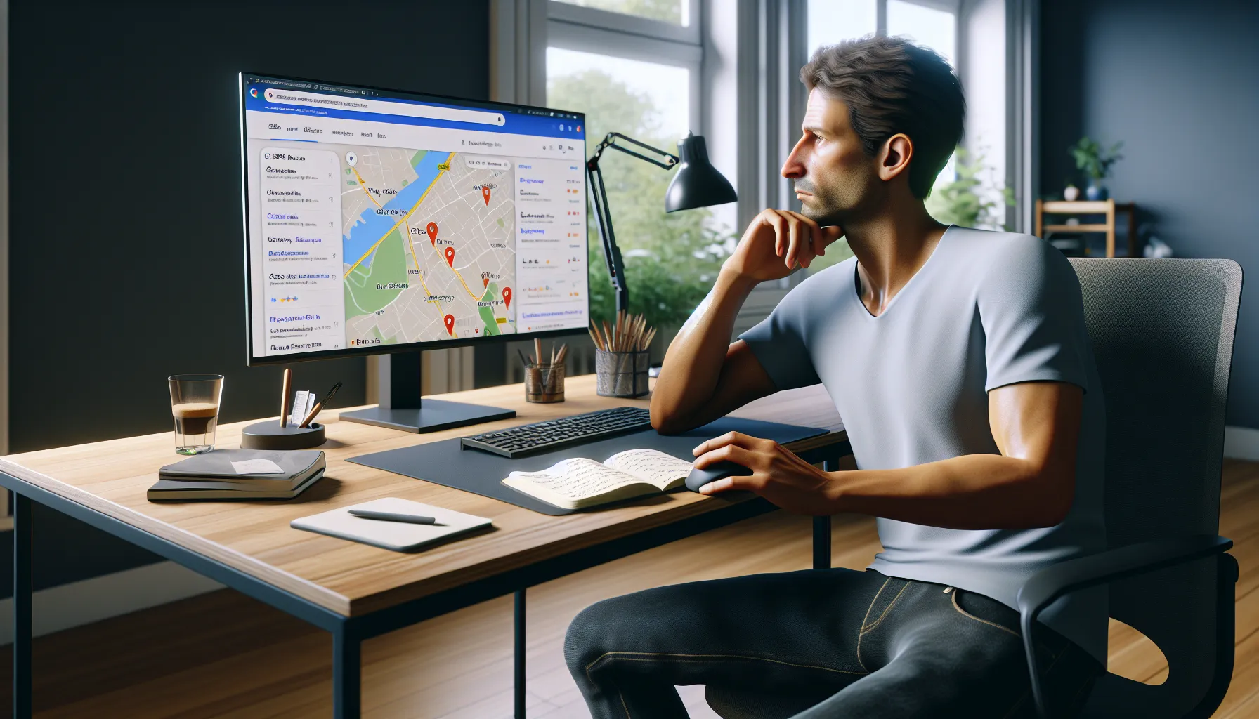 Local business owner in Torcy analyzing Google search results and SEO opportunities.