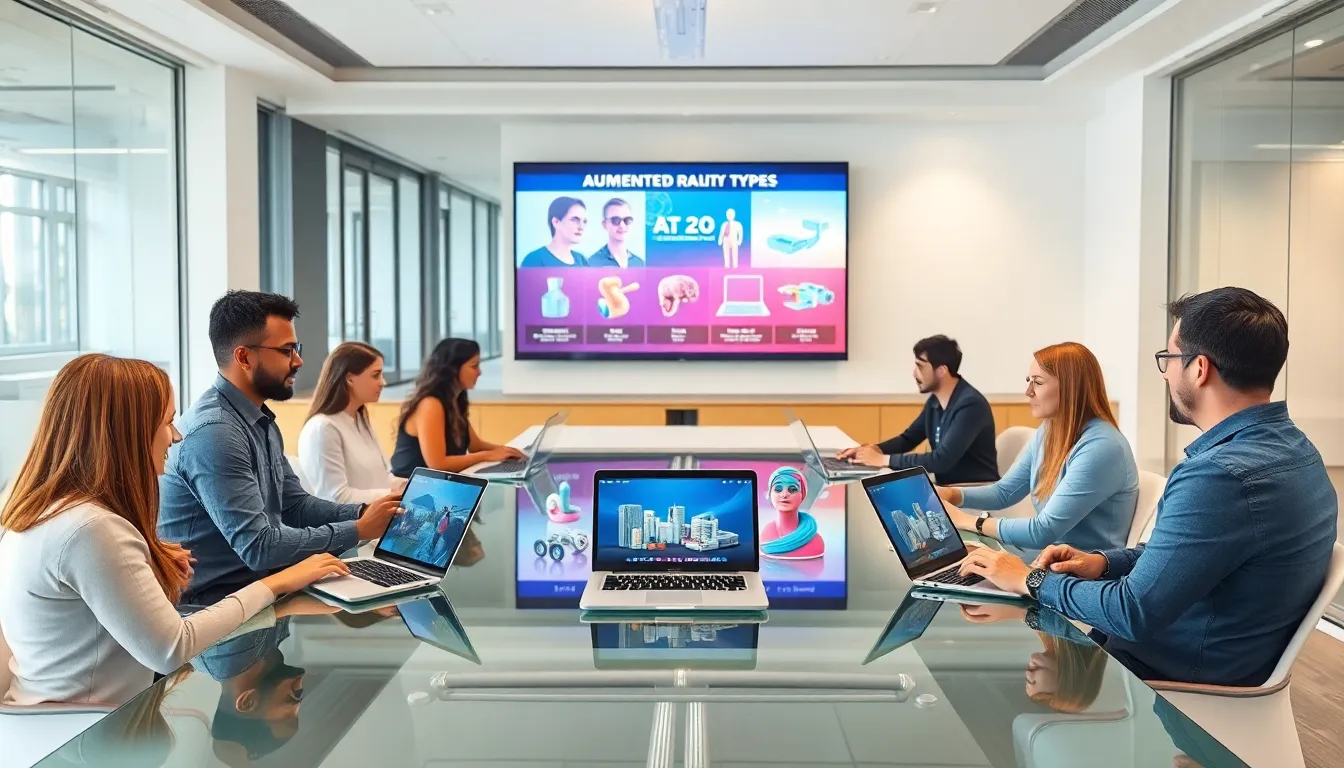 diverse team discussing augmented reality applications in a modern office.