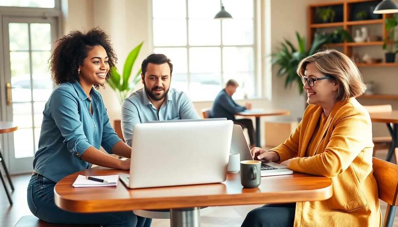 diverse freelancers collaborating in a bright coffee shop.