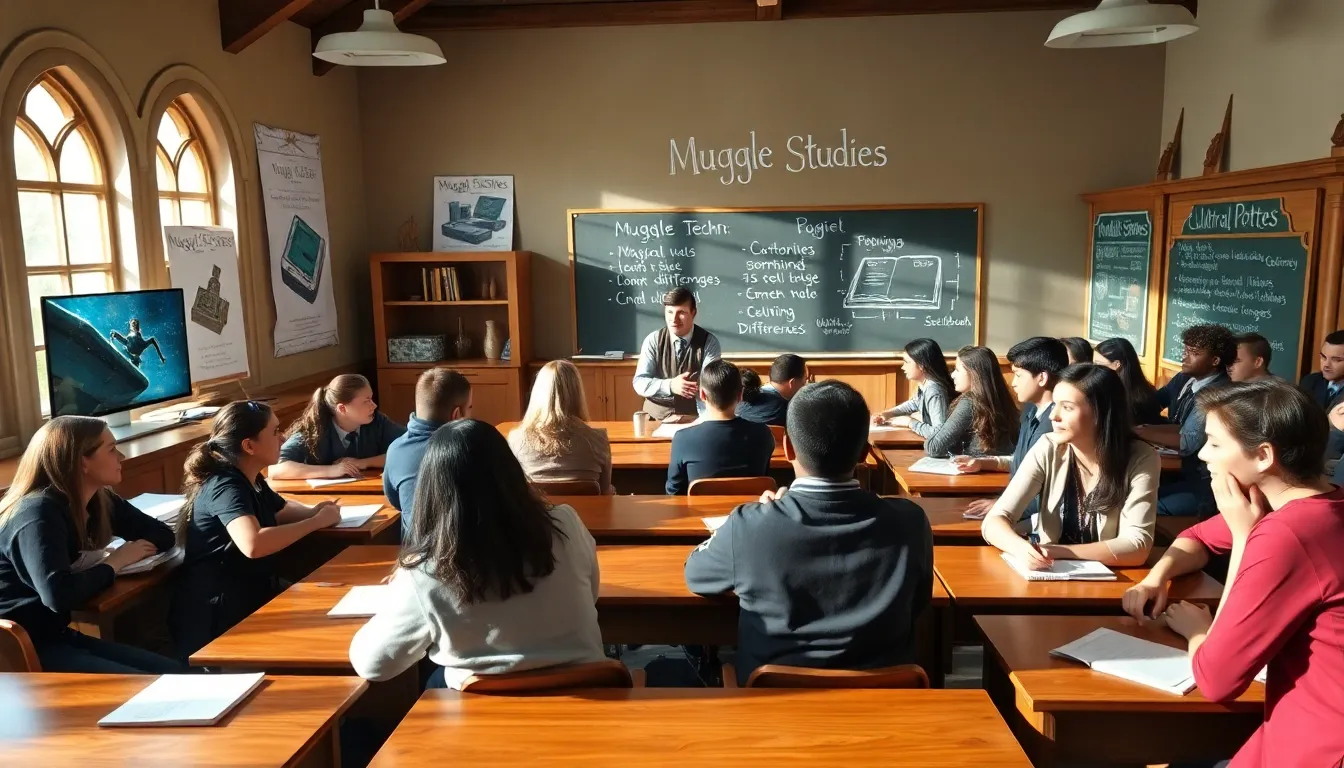 students engaged in a Muggle Studies classroom at Hogwarts.