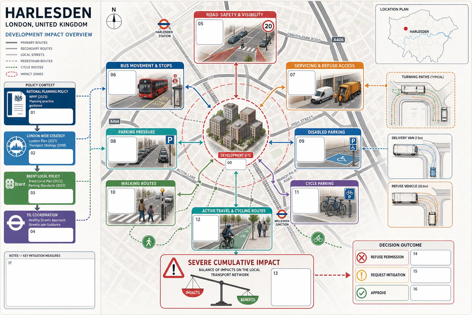 Infographic showing how development in Harlesden affects streets, access, parking, buses, and walking.
