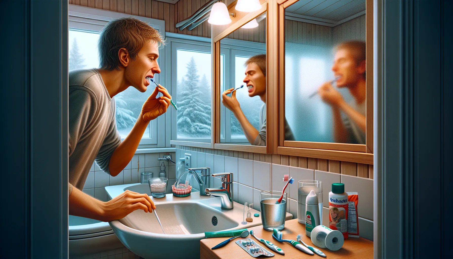 Person brushing carefully along the gumline in a norwegian bathroom mirror.