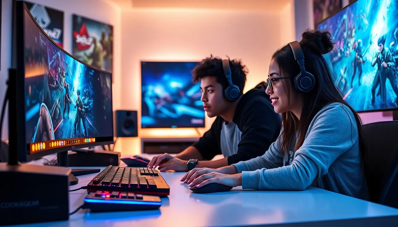 diverse gamers using Scookiegear gaming products in a modern workspace.