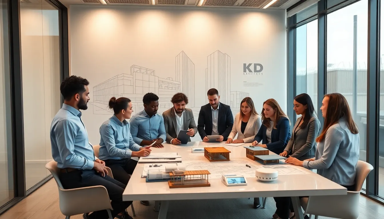 diverse team discussing architectural designs in a modern office setting.