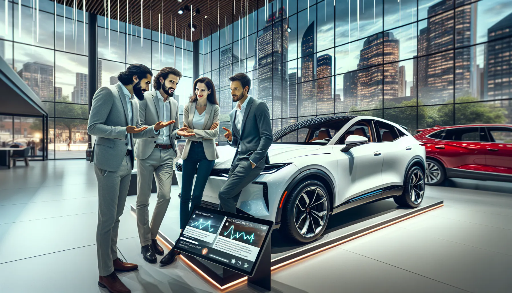 Professionals discussing Toyota CWCCIX1 in a modern showroom.
