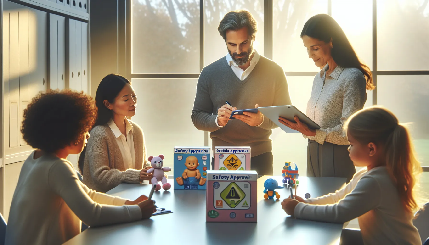 Parents discussing safe toy selection in a modern office.