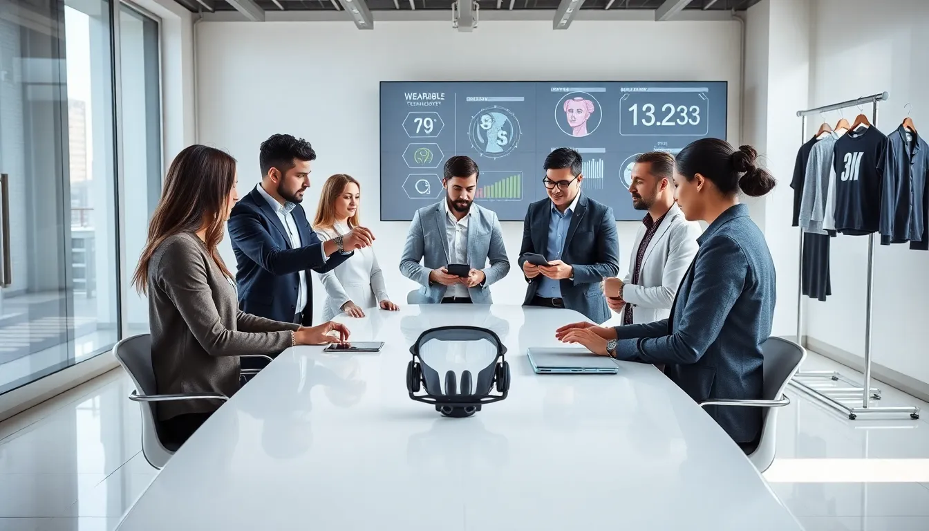 diverse team discussing wearable technology in a modern office.