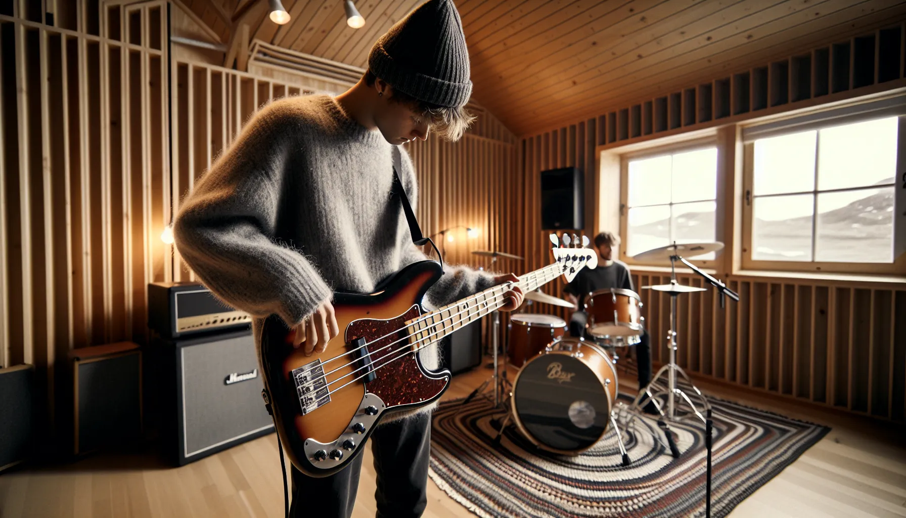 Norwegian bassist locks with drummer in studio, practicing tight, dynamic groove.