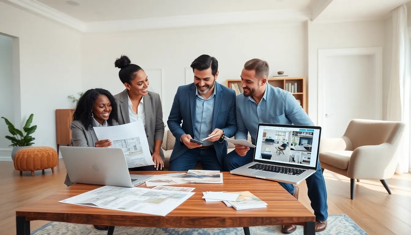 diverse team discussing renovation plans in a modern living room.