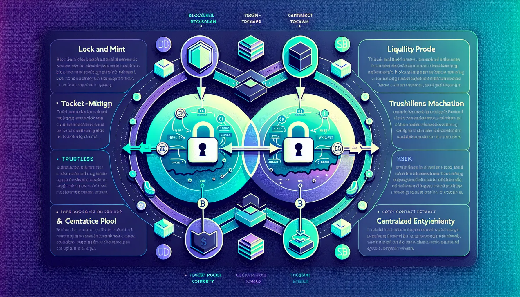 Three-panel diagram showing lock-and-mint, liquidity pool, and trustless versus custodial crypto bridge models.