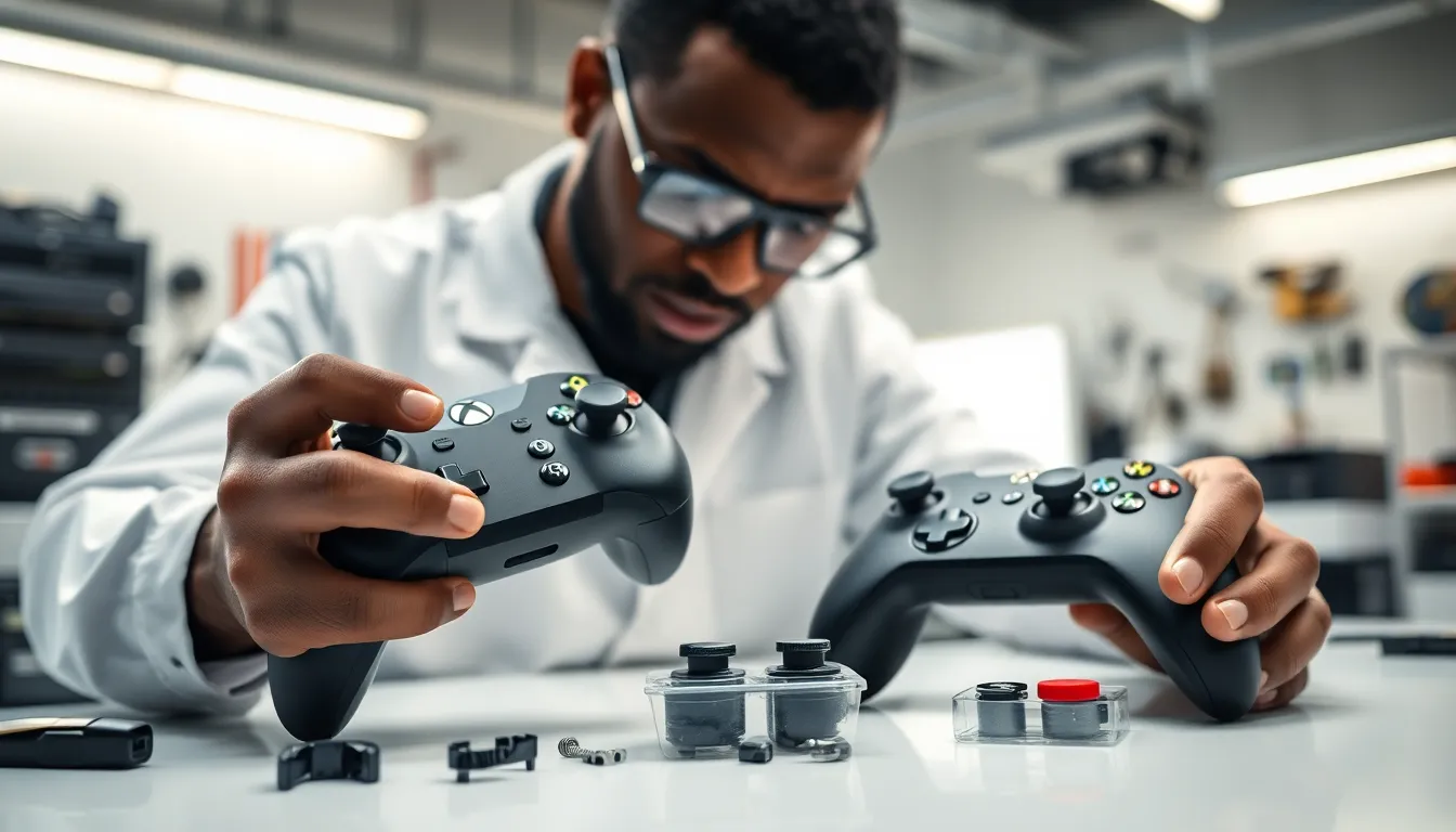 technician repairing an Xbox Elite controller in a modern workshop.