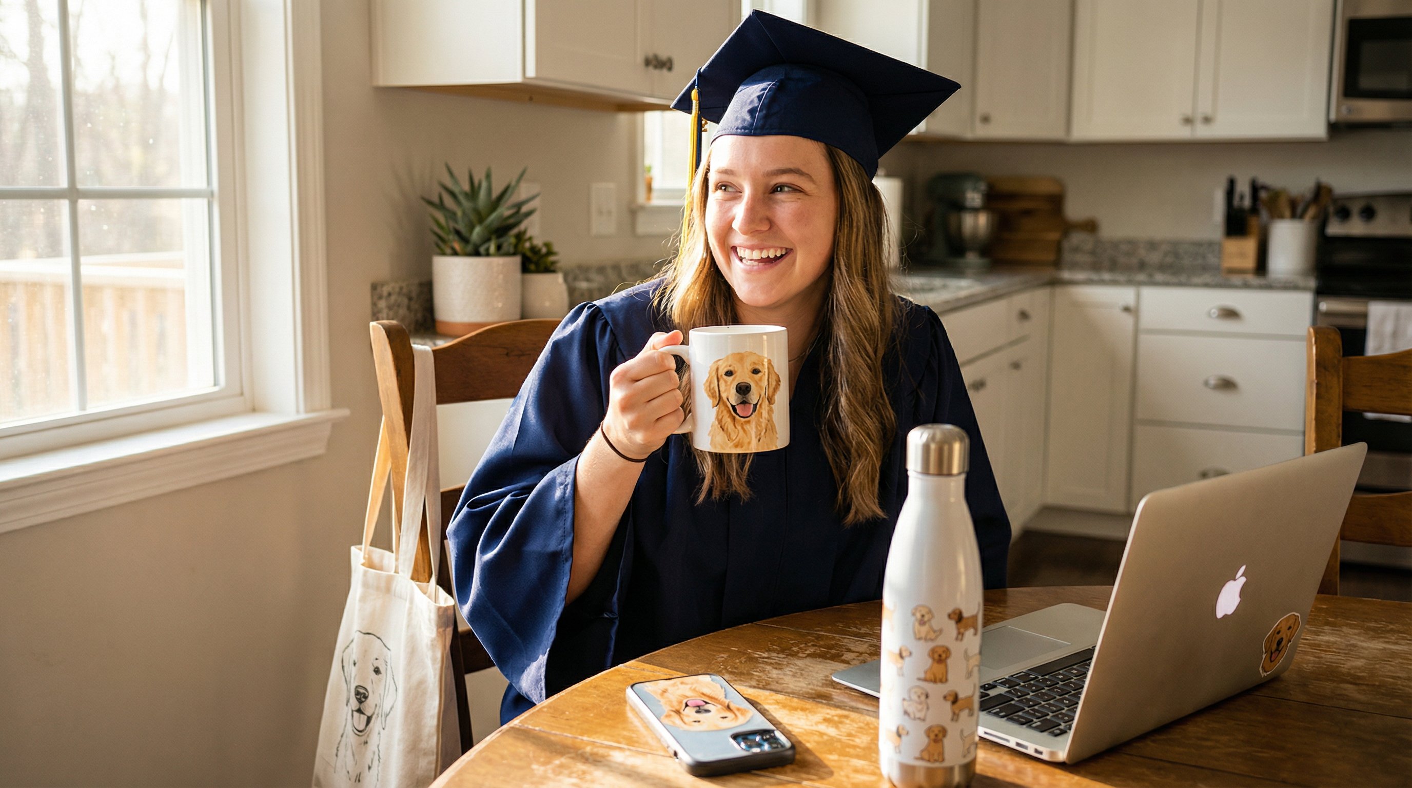 A graduate holding a custom dog portrait mug surrounded by personalized dog-themed accessories.
