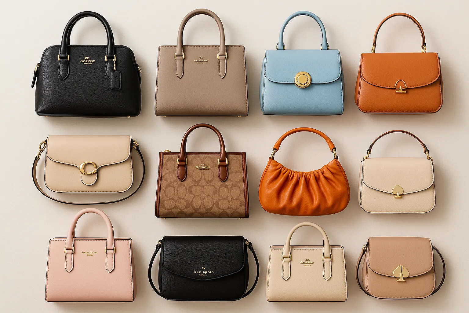 Ten luxury designer handbags neatly displayed on a minimalist white surface.