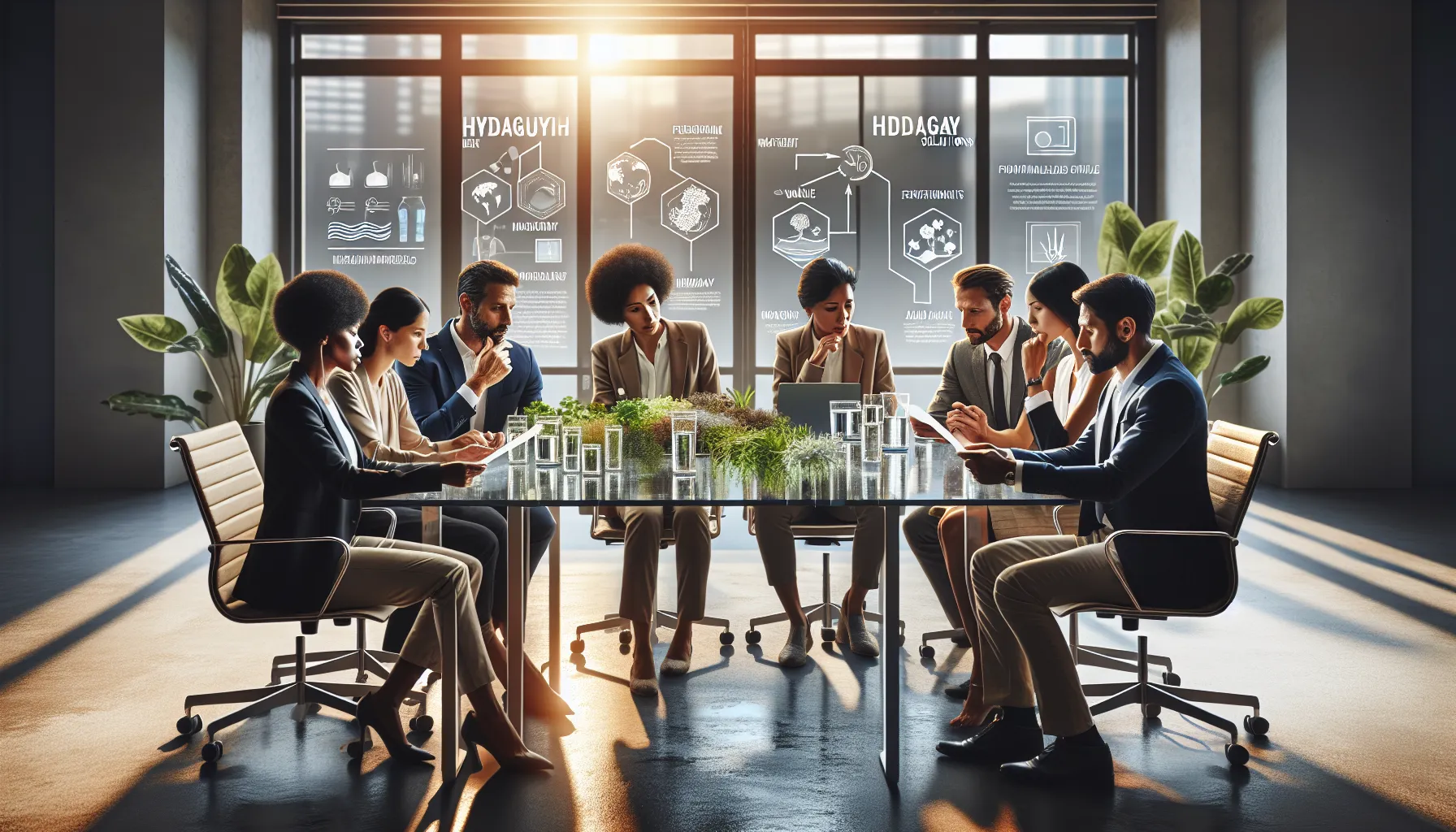team discussing innovative hydration methods in a modern office.