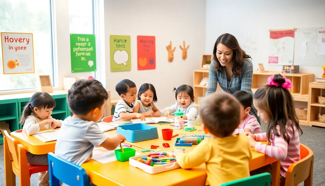 Kids learning in a colorful, modern Montessori classroom.