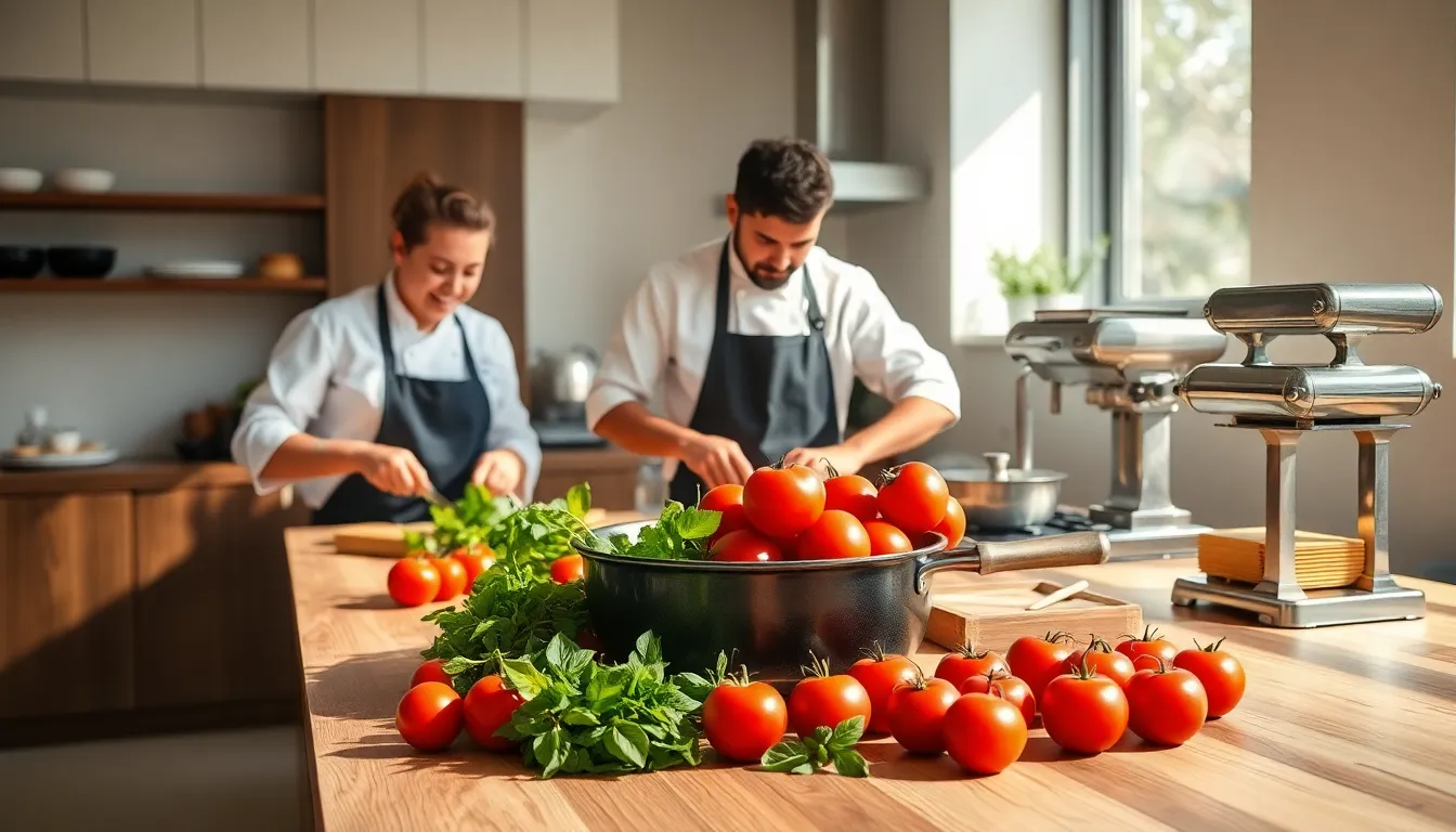 diverse chefs preparing fresh ingredients in a modern kitchen.