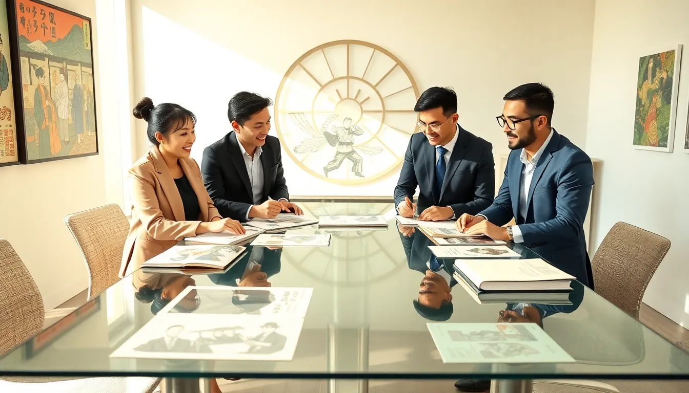 diverse team collaborating on Japanese pop culture in a modern office.