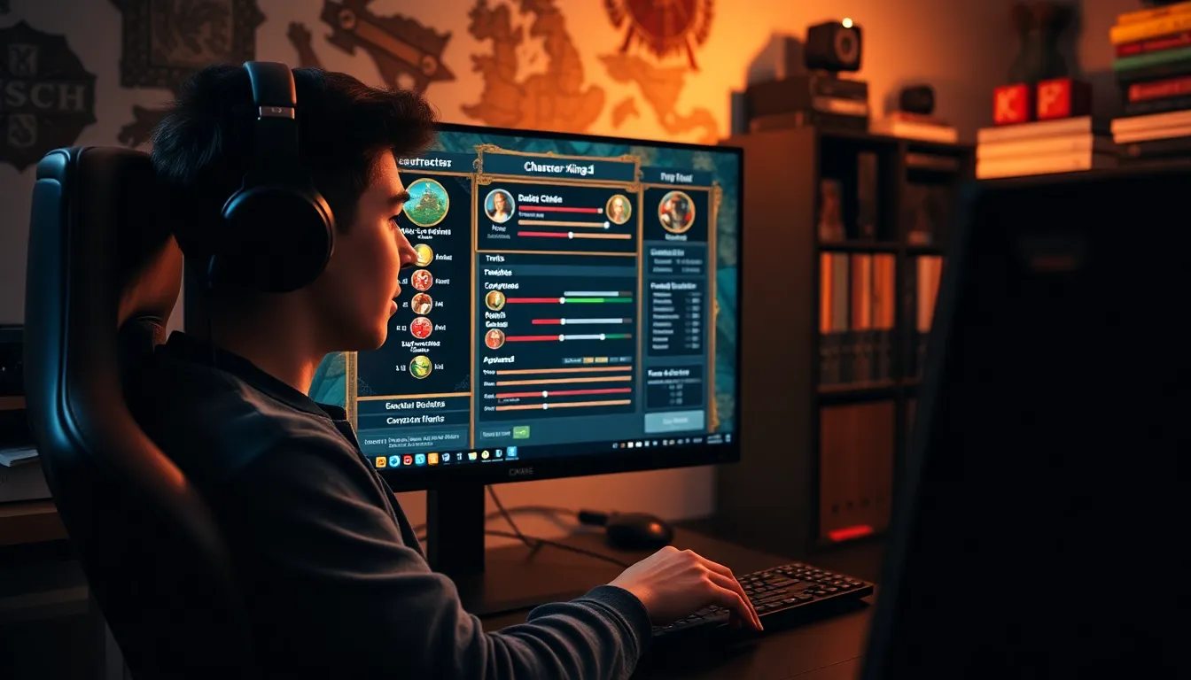 A gamer using Ck2Generator on a computer to create characters.