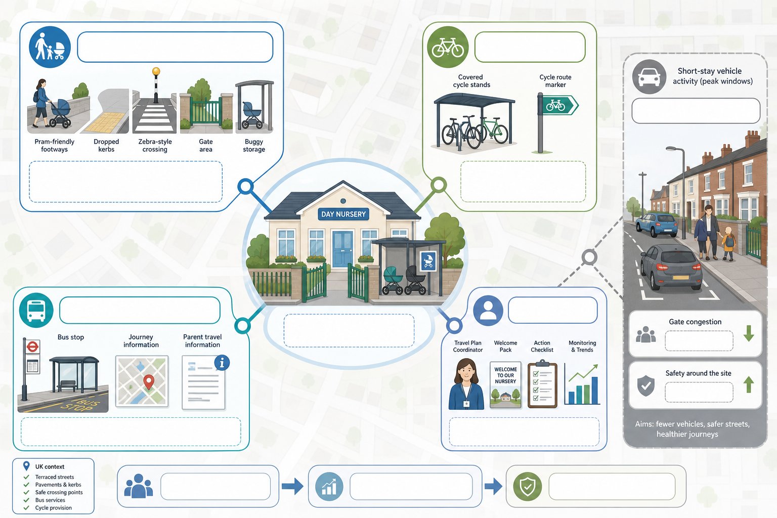Nursery travel infographic showing walking, cycling, buses, and safer site access.