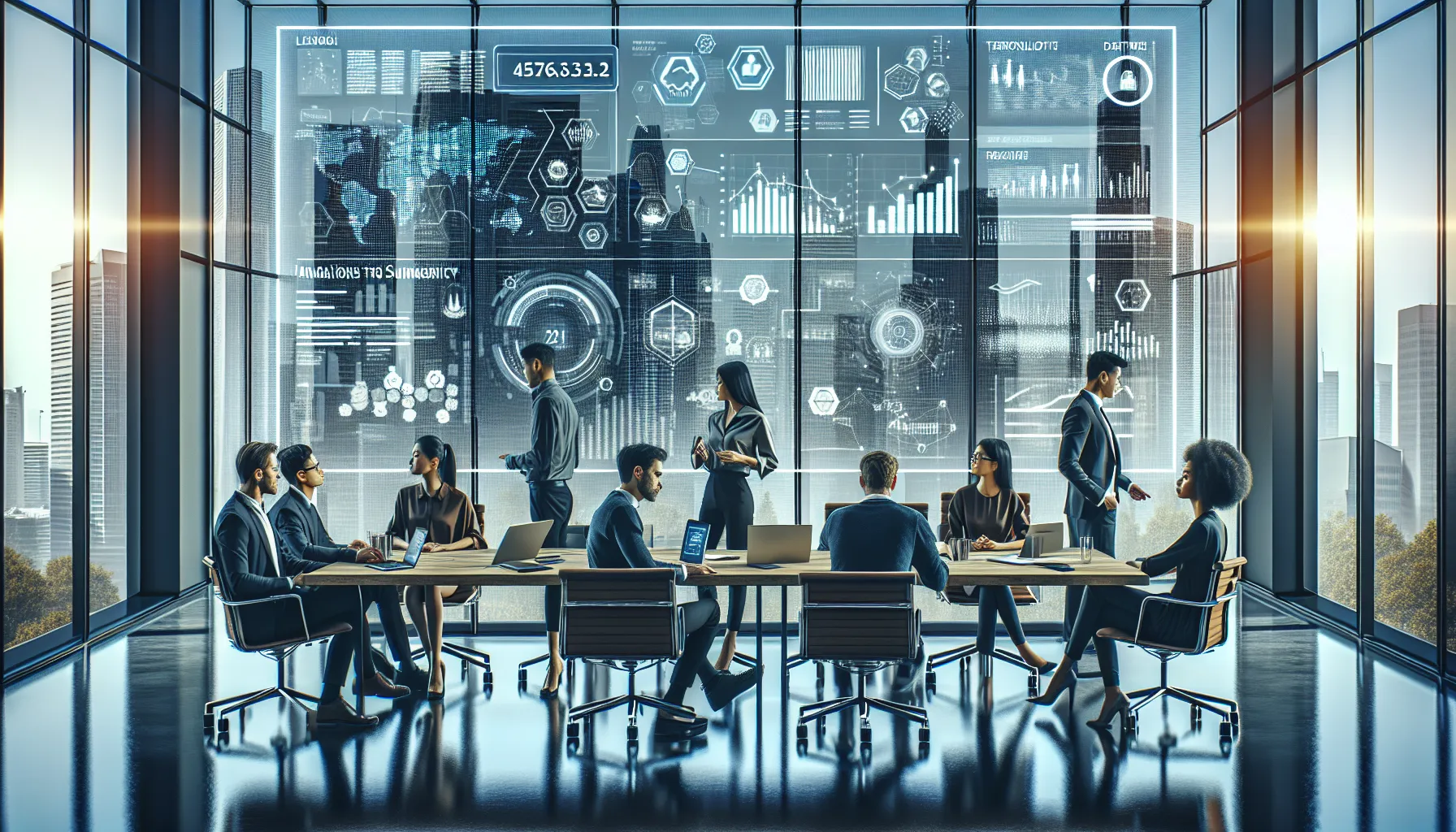 diverse professionals discussing compliance in a modern office.