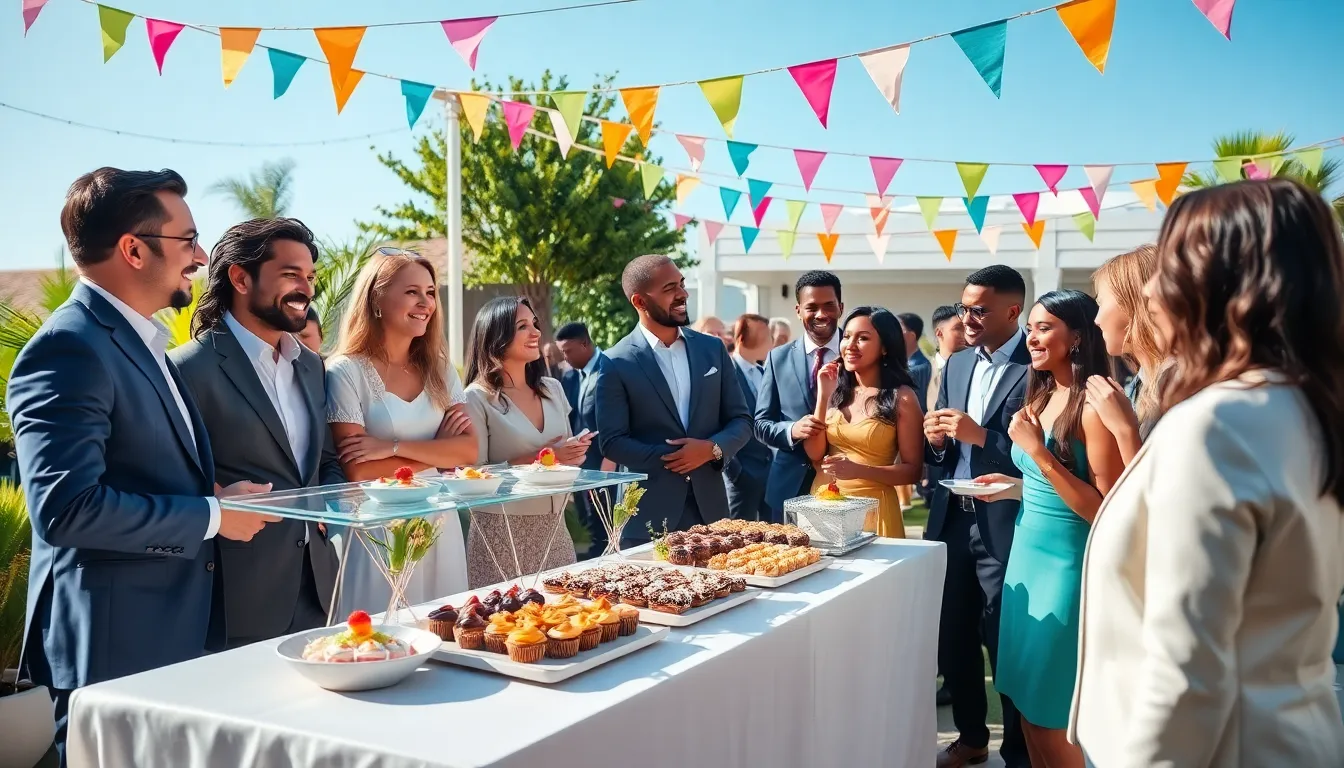 diverse group celebrating at a creatively decorated outdoor event.