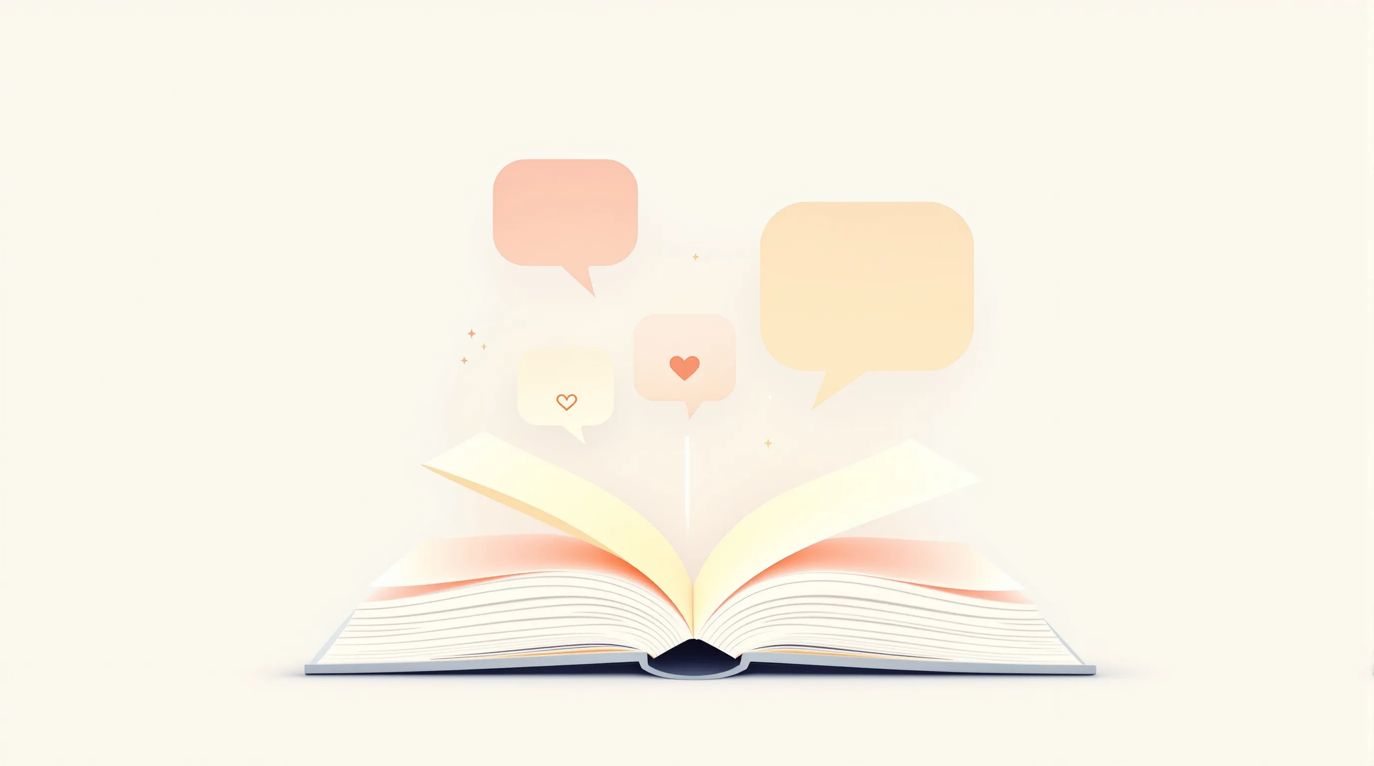 Open book with floating speech bubbles containing heart symbols on neutral background.