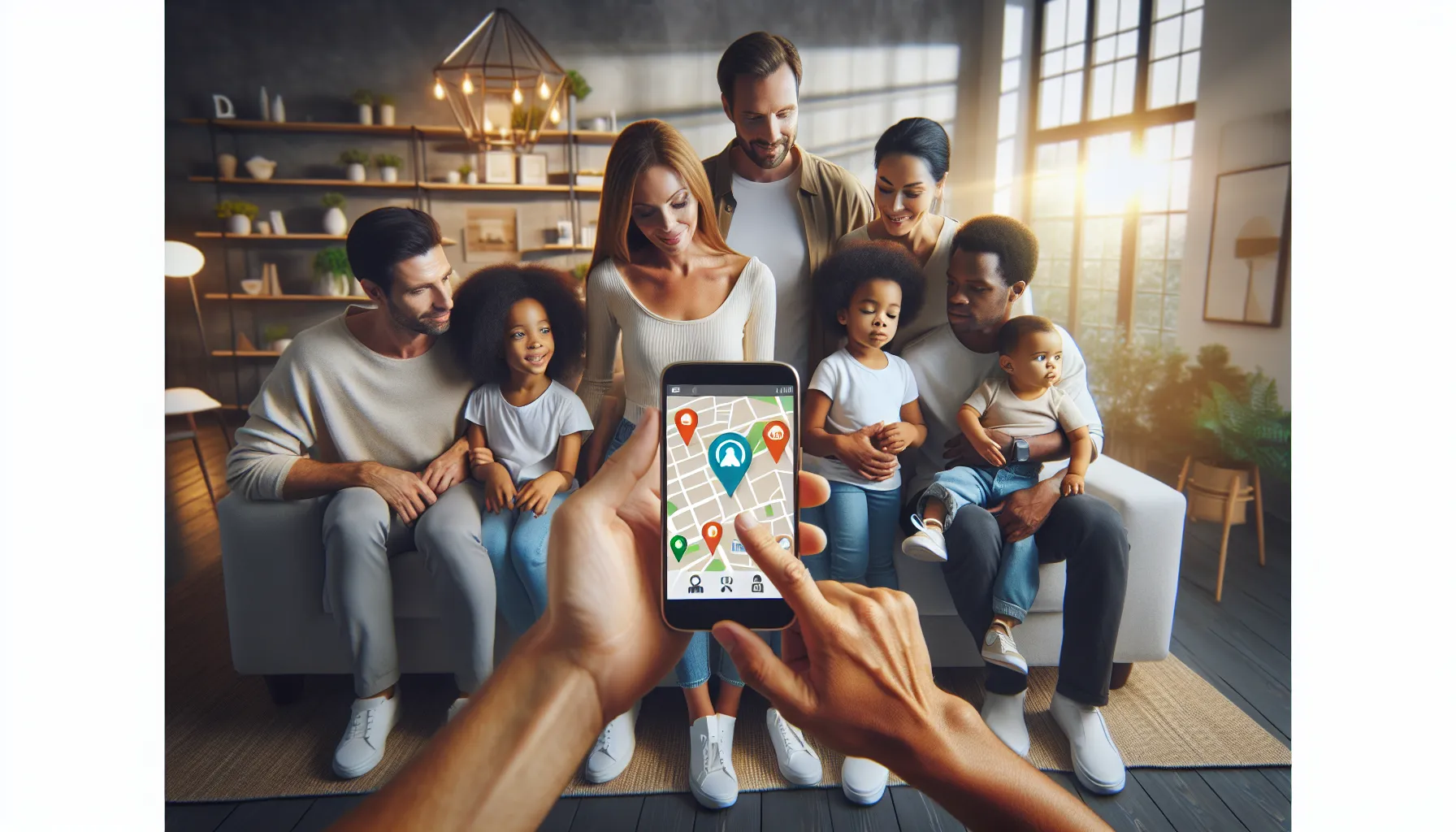 family using Life360 app together in a bright living room.